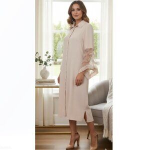 Vintage Shirt Dress Beige Pearl Lace Accents Blue Day’s From Turkey Womens Sz L